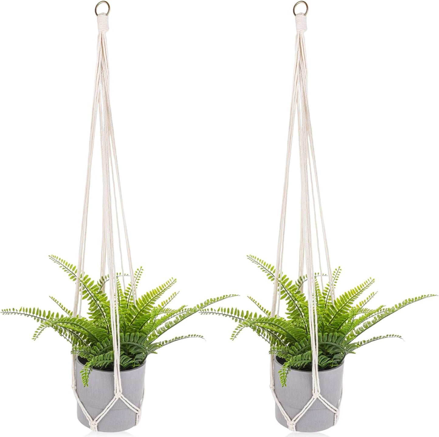 Macrame Plant Hanger, 2 Pack Boho Hanging Planters Baskets for Indoor Plants Decorative Braided Cotton Rope Flower Pot Holder with Metal Hook Rings for Outdoor Home Decor, No Tassels, Ivory, 34 Inchs