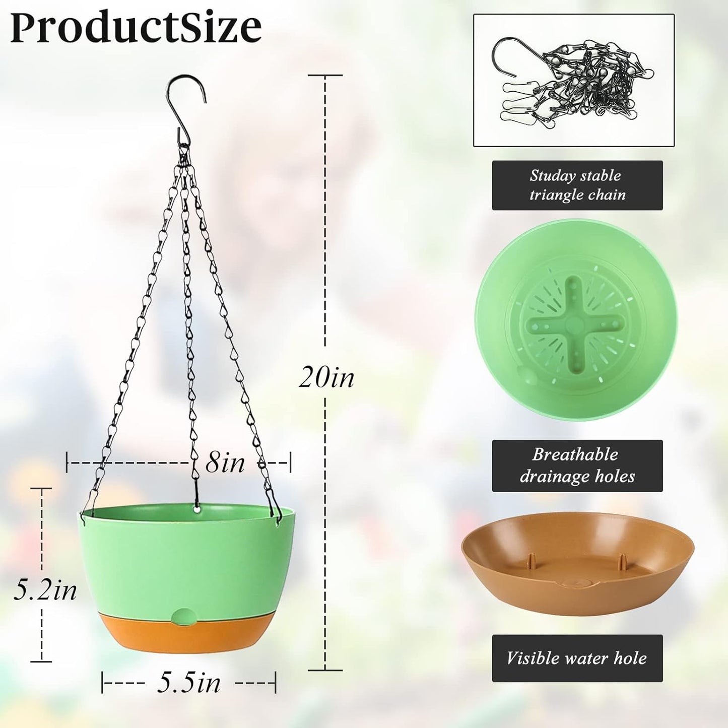 Bevgems 3 Pack 8.26 Inch Hanging Planters, Plastic Self-Watering Hanging Flower Plant Pot, Decorative Flower Pot Holder with Drainage Holes & Removable Tray for Indoor Outdoor Plants,Flowers, Herbs