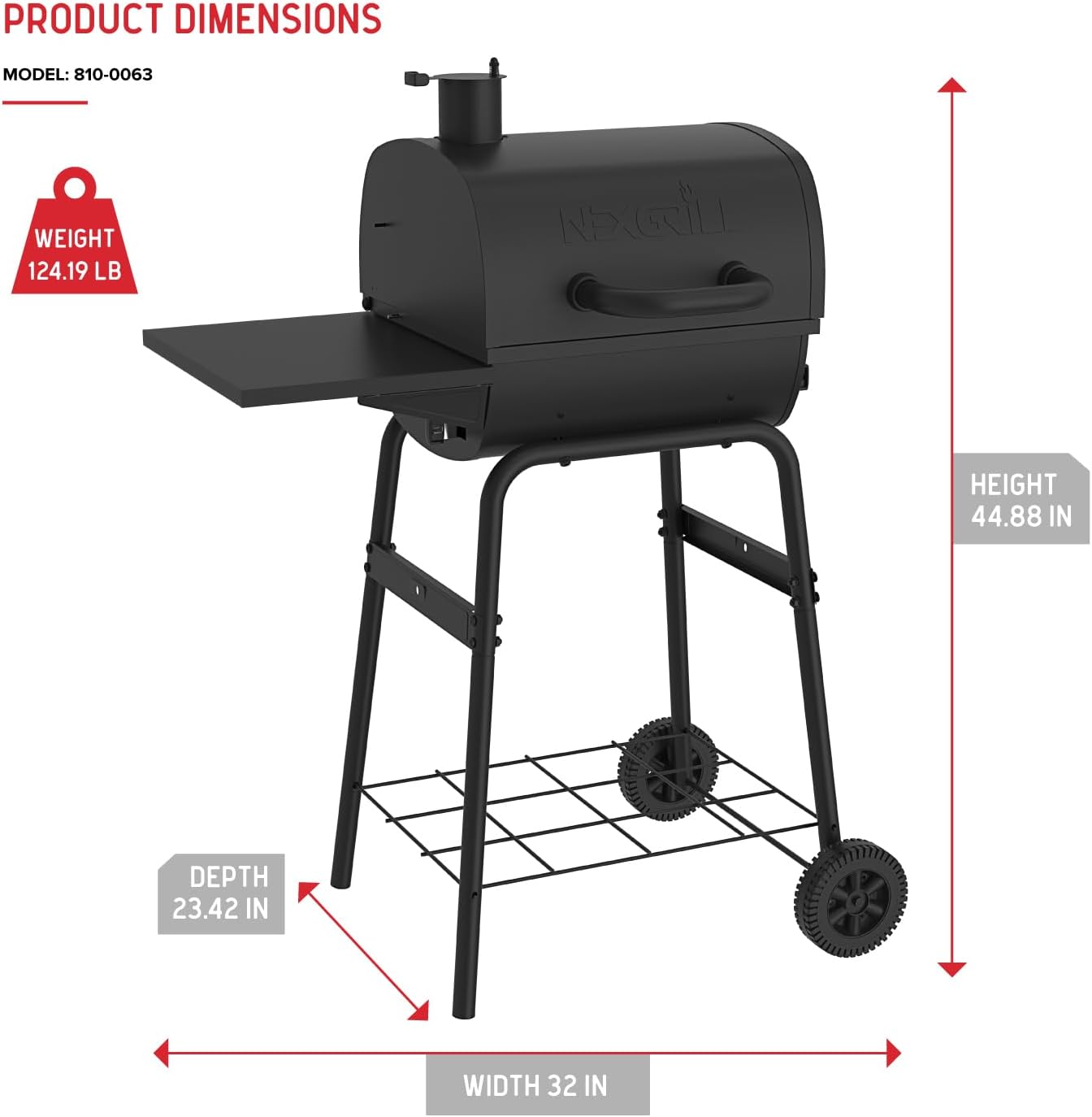 Nexgrill 17.5" Charcoal Grill with Side Shelf, 349 SQ In Cooking Space, Adjustable Chimney, Air Dampers, Temperature Gauge, Warming Rack, Barrel Smoker Grill for Camping, Picnics, and More - 810-0063
