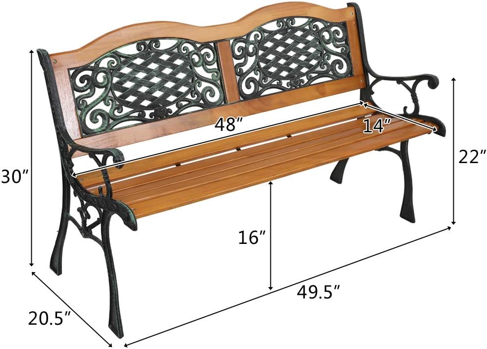 Outvita 49.5in Garden Bench, Patio Wood Love Seat with Metal Armrest Retro Style for Patio Porch Deck Yard Lawn Poolside(Classical)