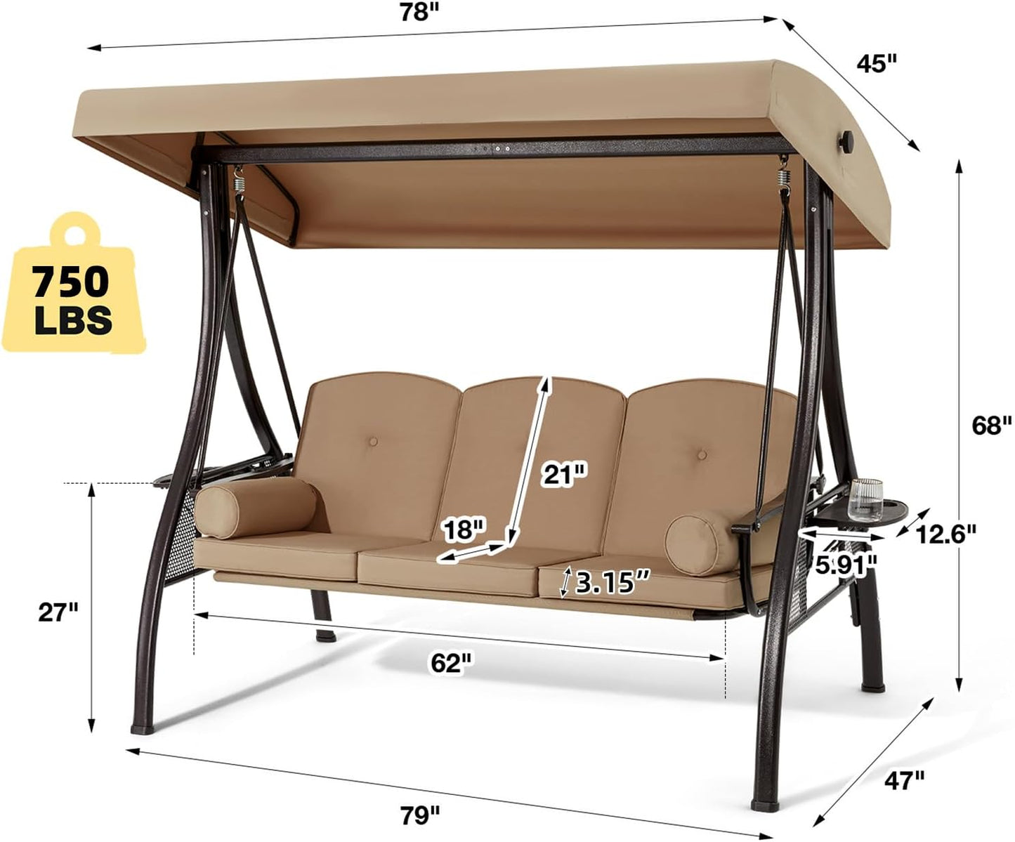 HOMREST 3 Person Outdoor Porch Swing with 1.5" Upgraded Cup Holder, Adjustable Canopy, Backrest, Patio Swing Bed with Weather Resistant Steel Frame, Cushions for Garden,Deck and Poolside(Brown)