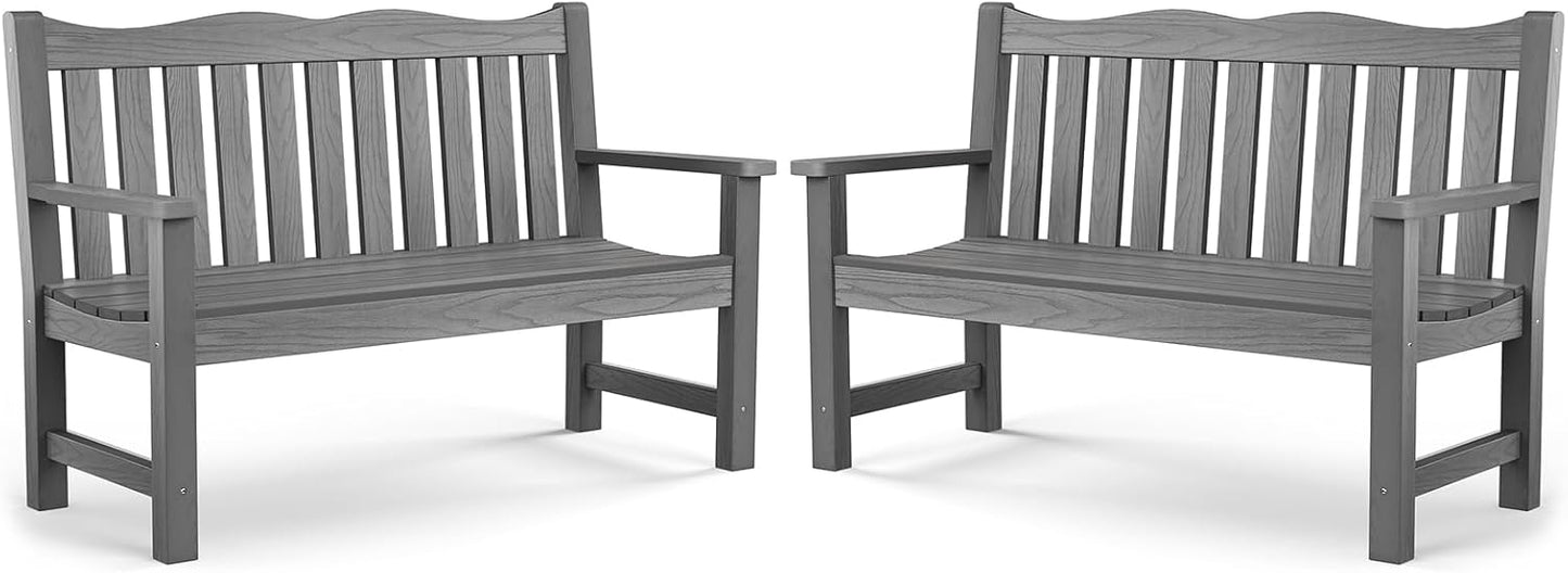 Outdoor Bench, Waterproof Garden Benches Set of 2, Never Rot or Fade, for Garden, Porch, Backyard and Deck, Grey