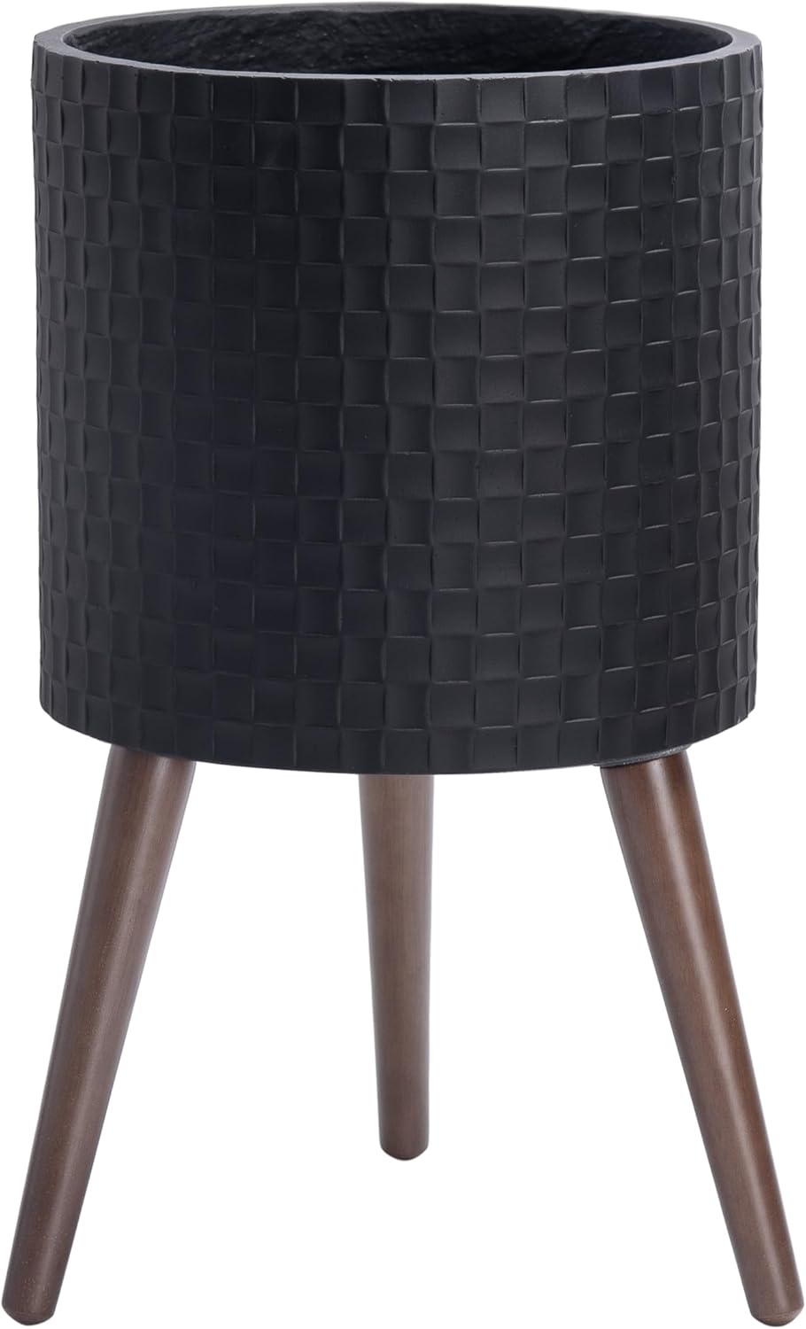 D'vine Dev 12 Inch Modern Geometric Tile Patterned Sleek Planter Pot with Stand, Indoor Outdoor Decorative Plant Holder, Matte Black, 88-Z-C-2