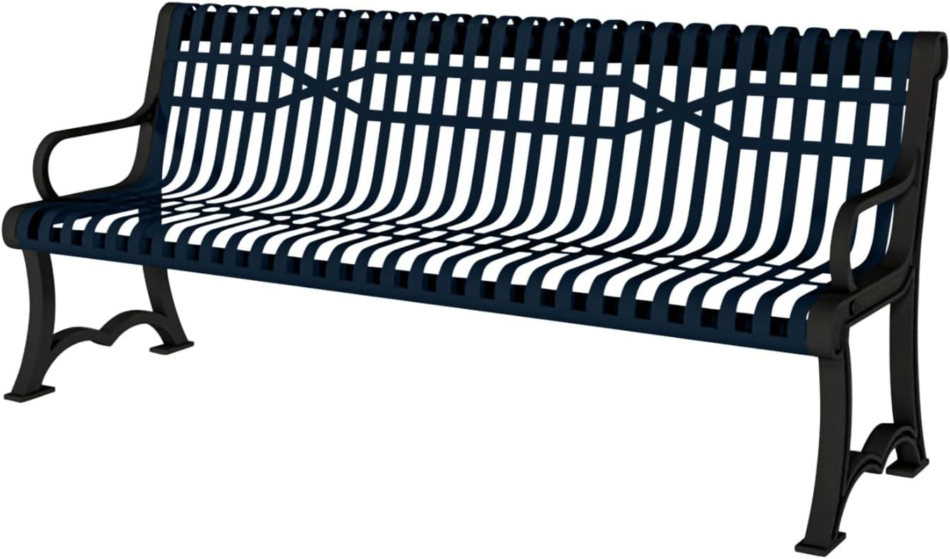 Coated Outdoor Furniture Heavy-Duty Outdoor Bench Thermoplastic Coated, Slatted Steel, Commercial-Grade Garden Bench, Made in America (Portable with Back, 4 Ft, Dark Blue)