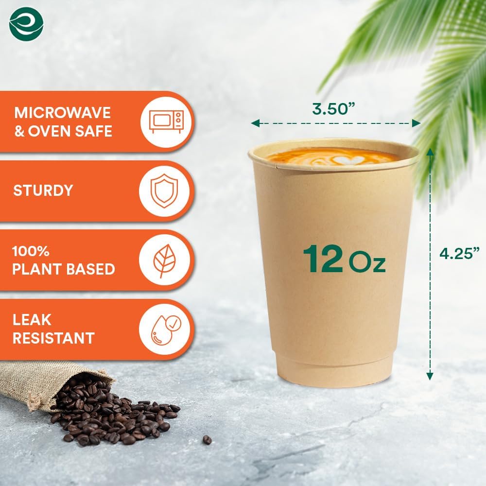 ECO SOUL 100% Compostable Plant-Based 12oz Hot Cups | (50 Count, 12 oz Hot Cups) | Disposable Bagasse Paper Cups | Eco-friendly Cups | Sturdy, Microwave & Oven Safe