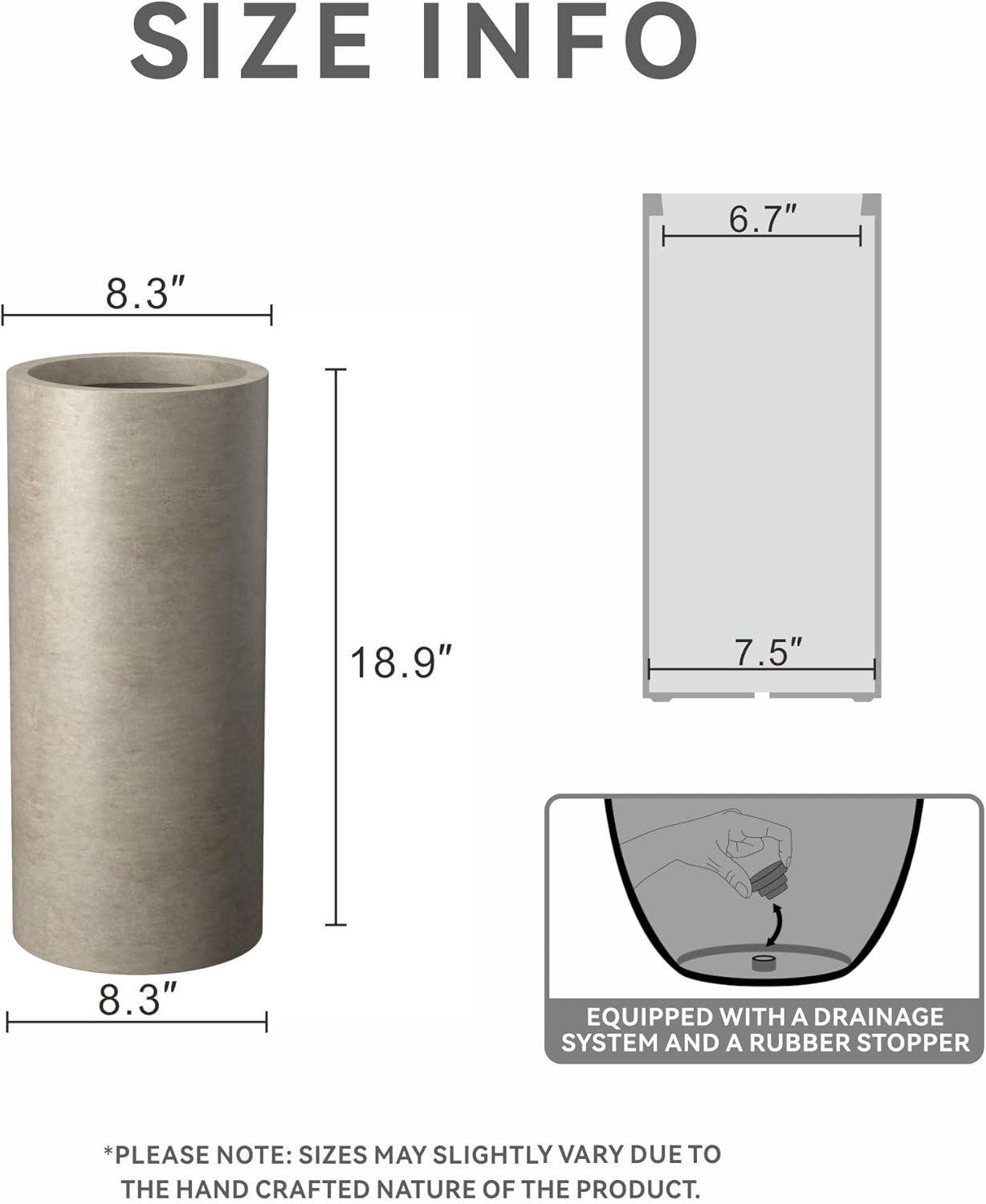 Kante 18.9 Inch Tall Cylindrical Planter, Large Round Plant Pots with Drainage Hole, Made with Concrete, Suitable for Indoor Outdoor Plants, Home Decor, Weathered Concrete