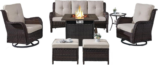 Outdoor Patio Furniture Set with 50000BTU Propane Fire Pit Table, 7 Pieces Wicker Patio Conversation Set with 2 Swivel Glider Rocker Chair Rattan Sofa Beige Cushion Perfect for Casual Gathering