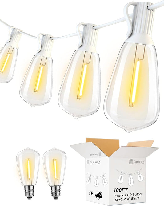 DAMAING LED Outdoor String Lights 100FT Patio Lights with 52 Shatterproof Edison Bulbs,Dimmable Hanging Lights,Waterproof String Lights for Outside Wedding,Bistro,Porch,Backyard,2200K