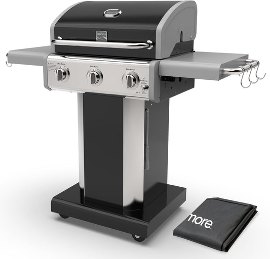 Kenmore 3-Burner Propane BBQ Grill, 30,000 BTUs Gas Grill with Cast Iron Cooking Grates, Folding Side Tables & Wheels, Outdoor Grill with Tool Hooks, Black + Bonus Cover