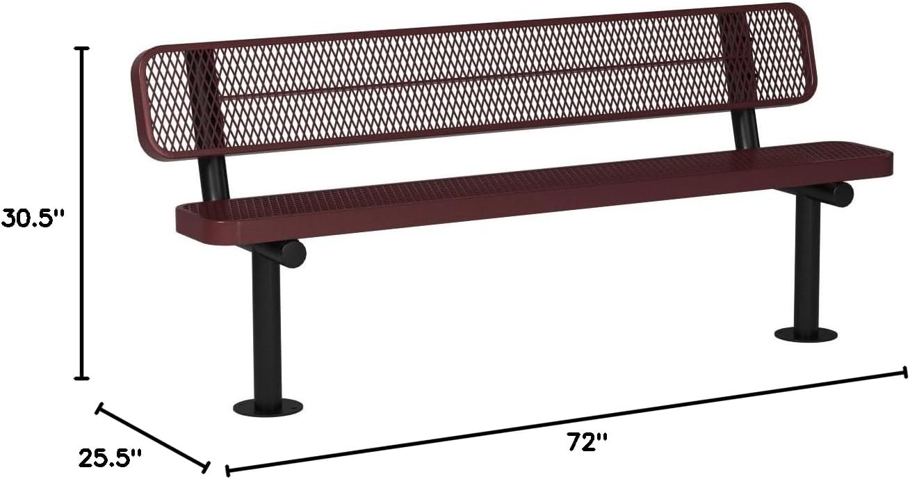 Coated Outdoor Furniture Heavy-Duty Outdoor Bench Thermoplastic Coated, Expanded Metal, Commercial-Grade Seating, Made in America (Surface with Back, 6 Ft, Burgundy)