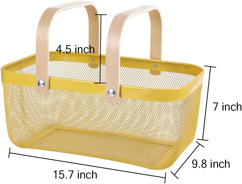 Portable Mesh Harvest Basket - Natural Bamboo Handle Foldable Organizer for Kitchen, Garden & Picnic | Ventilated Storage Bin with Rust-Proof Wire, Space-Saving Farmhouse Decor (Lemon Yellow)