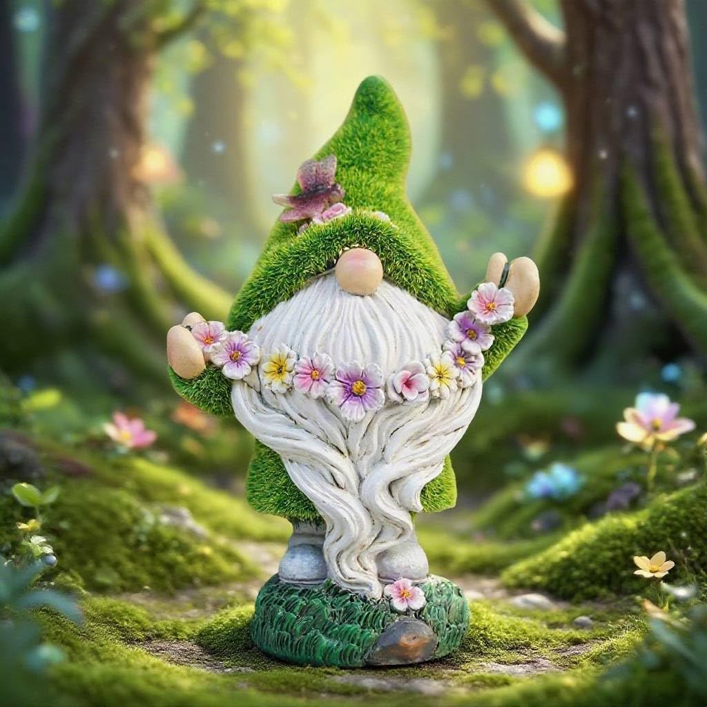 Garden Flocked Gnomes Decor for Yard - Artificial Green Moss Gnome Statue with Solar Light, Dwarf Sculpture for Outdoor Patio Porch Lawn Decor, Spring Decorations for Home
