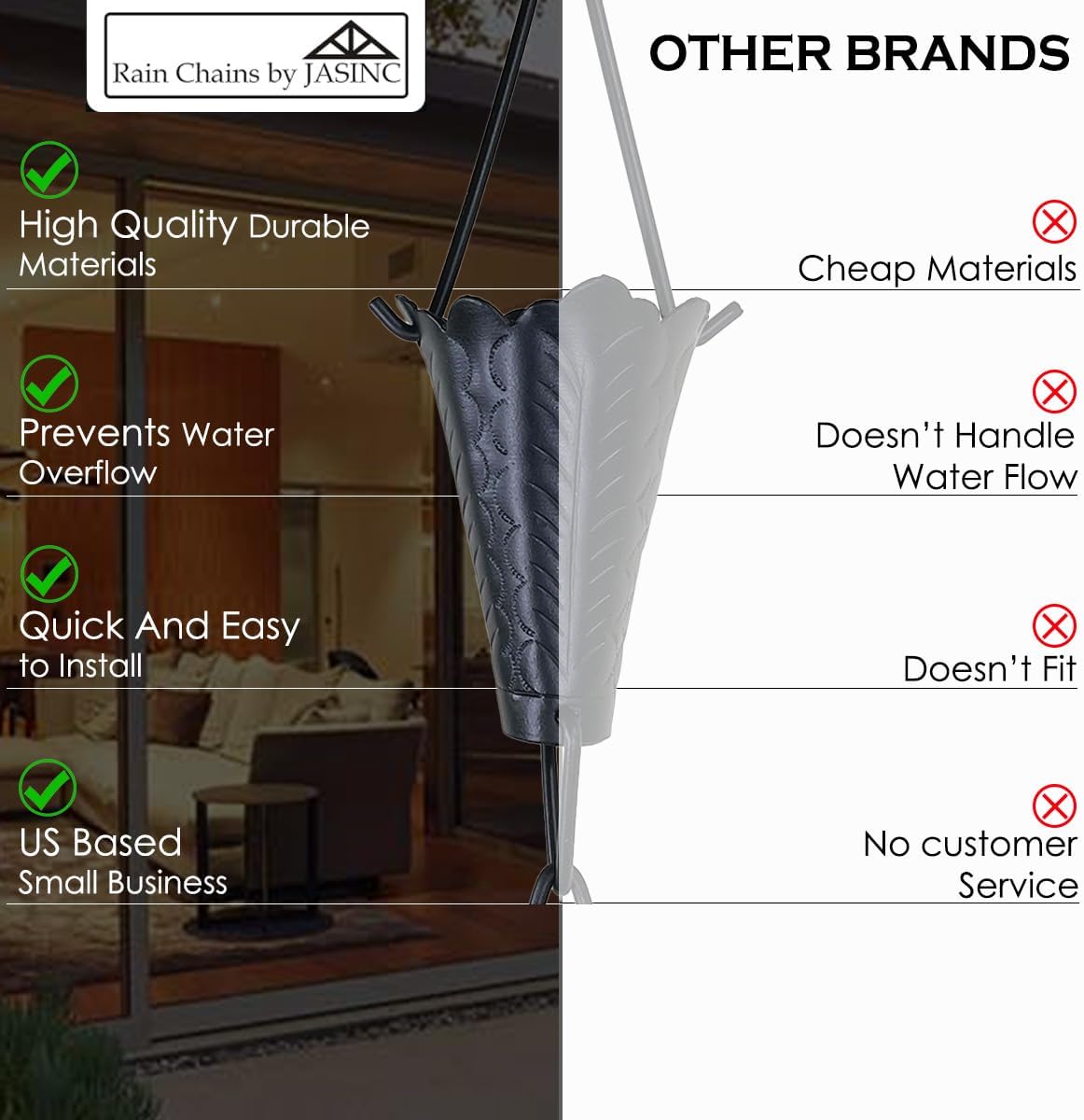 8.5 ft Leaf Cups Black Powder Coated, to Replace Roof Gutter Downspout, with Installation Kit, Rainwater Catcher/Water Diverter, JAS8002BLK