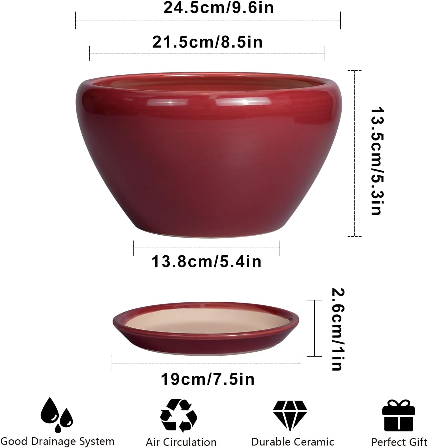 Ceramic Plant Pot 9 Inch - Planter Pot with Drainage Hole and Saucer, Round Large Planter for Indoor Plants, Outdoor Flower Pot for House Patio Decor, Red
