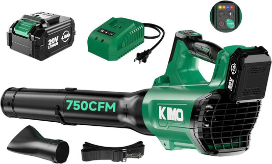 KIMO Cordless Leaf Blower with Battery and Charger, 750CFM 220MPH, 4 Speeds w/Turbo Mode, Brushless Motor, 3 Extended Tube, 4000mAh Battery Powered Leaf Blowers for Lawn Care Patio Cleaning Wet Leaves