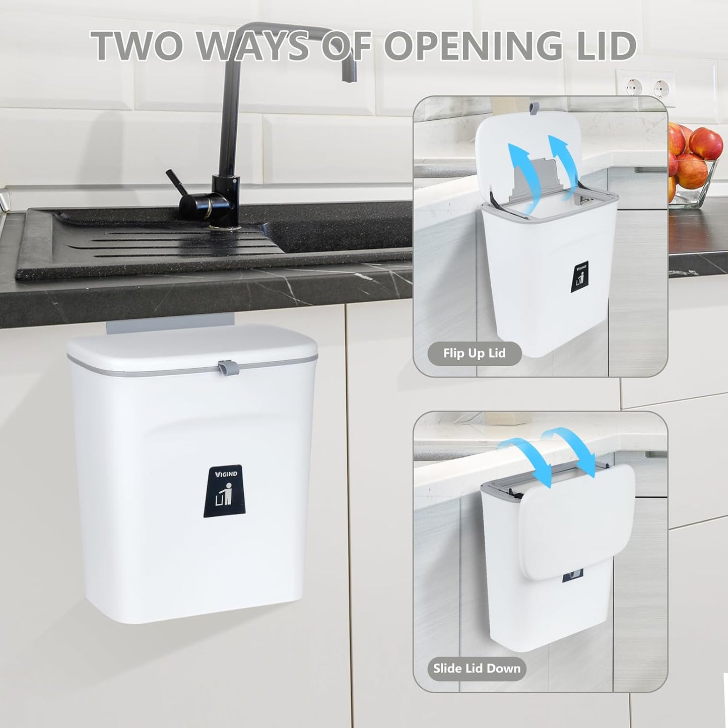 9L/2.4 Gallon Hanging Trash Can for Kitchen Cabinet Door with Lid, Small Under Sink Garbage Can,Trash Bin for Bathroom,Wall Mounted Counter Waste Kitchen Compost Bin,Plastic (White)