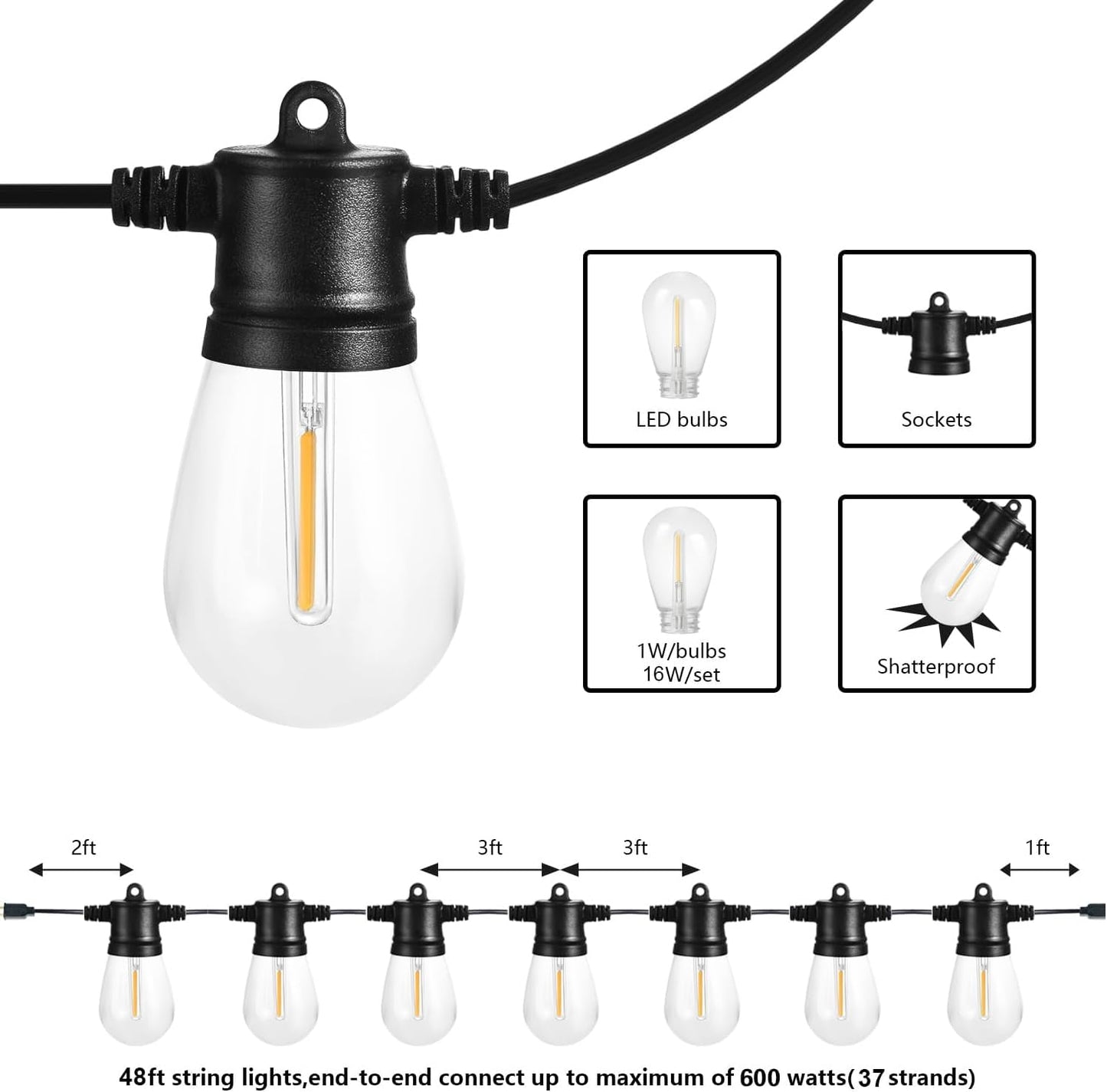 SUNTHIN Outdoor String Lights, 48FT Patio Lights with 16 LED Shatterproof Bulbs for Outside, Backyard, Deck, Porch, Garden, Bistro, Cafe, Party
