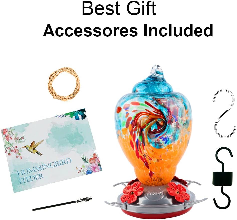 WOSIBO Hummingbird Feeder for Outdoors Patio Large 32 Ounces Colorful Hand Blown Glass Hummingbird Feeder with Ant Moat Hanging Hook, Rope, Brush and Service Card (Blue-Orange)