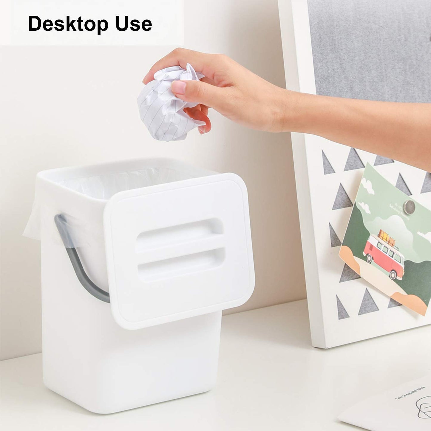 LALASTAR Mini Desktop Trash Can with Lid, Small Countertop Garbage Can, Plastic Tiny Tabletop Wastebasket for Office/Kitchen/Coffee Table, 3L/0.8 Gal, White