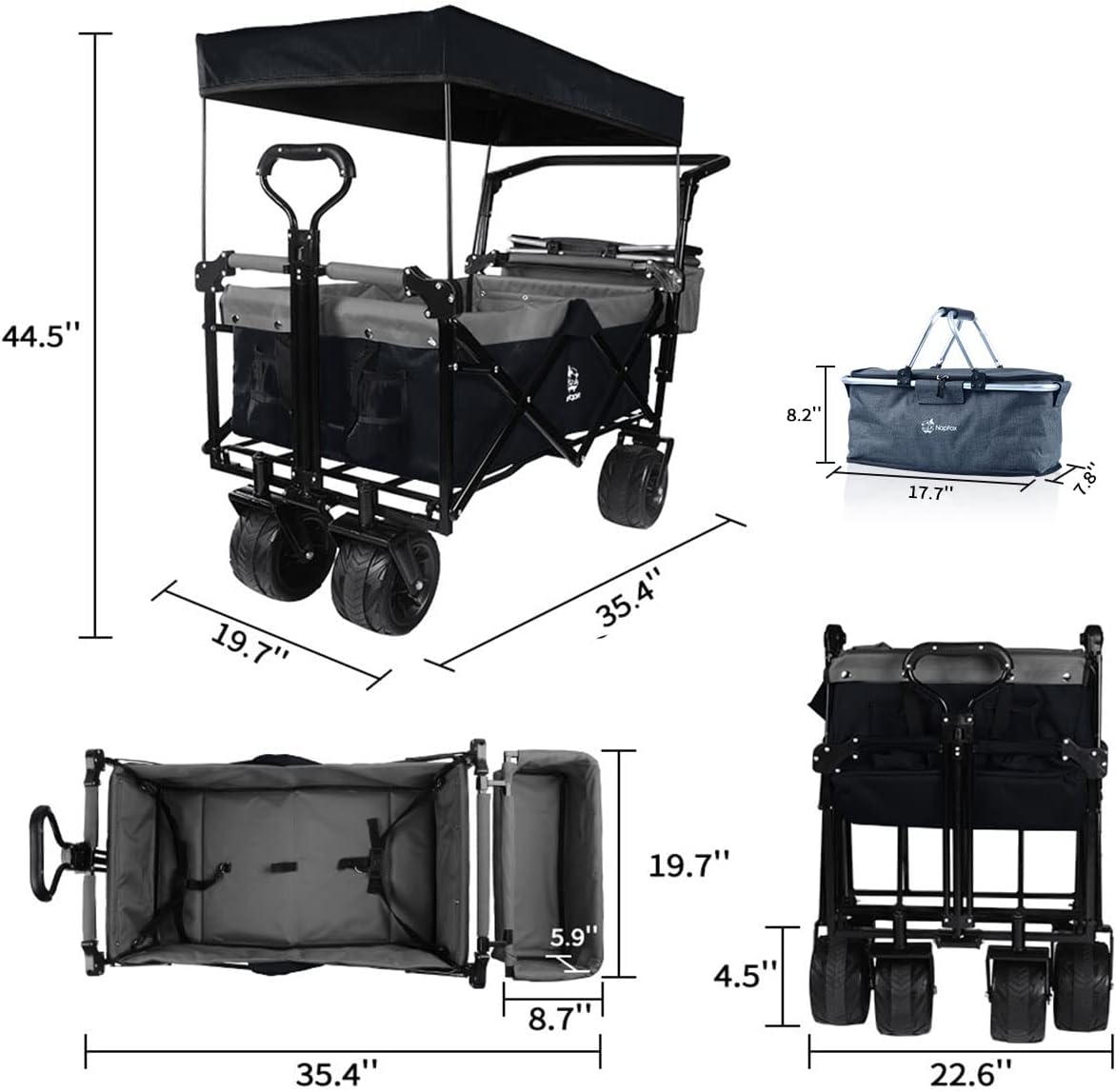Collapsible Wagon Heavy Duty Folding Wagon Cart with Removable Canopy, 4" Wide Large All Terrain Wheels, Brake, Adjustable Handles,Cooler Bag Utility Carts for Outdoor Beach Cart Garden Wagons Carts