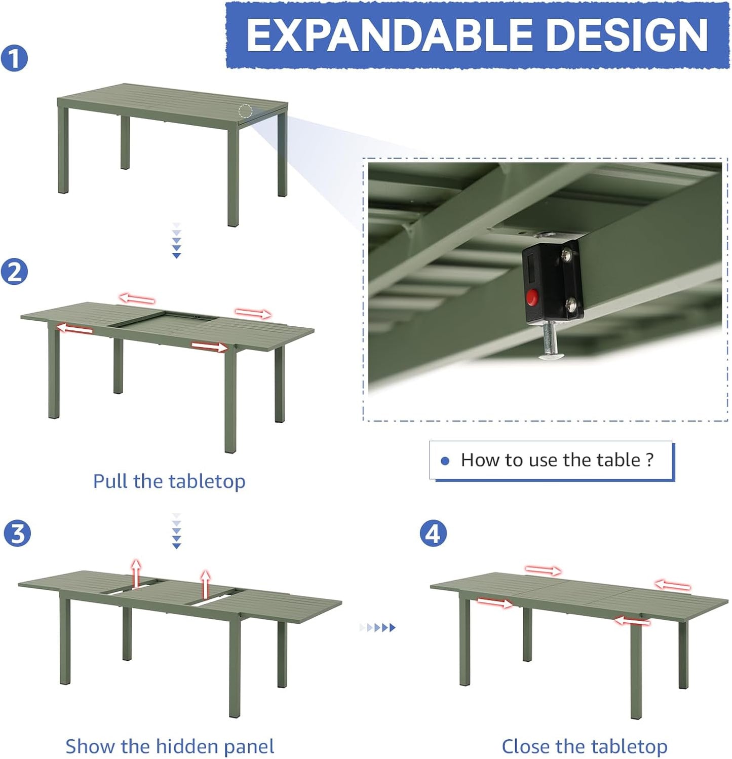Soleil Jardin Aluminum Patio Extendable Dining Table, 59" - 83", Adjustable Indoor Outdoor Furniture Rectangle Table for 6-8 Person Porch Deck Garden, Green