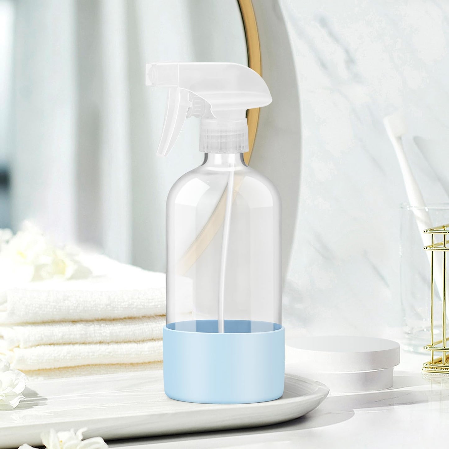 Glass Spray Bottles with Silicone Sleeve Protection, Empty 16 oz Refillable Containers, Reusable Spray Bottles with Adjustable Nozzle for Hair, Cleaning Solutions, Essential Oils 1 Pack Blue