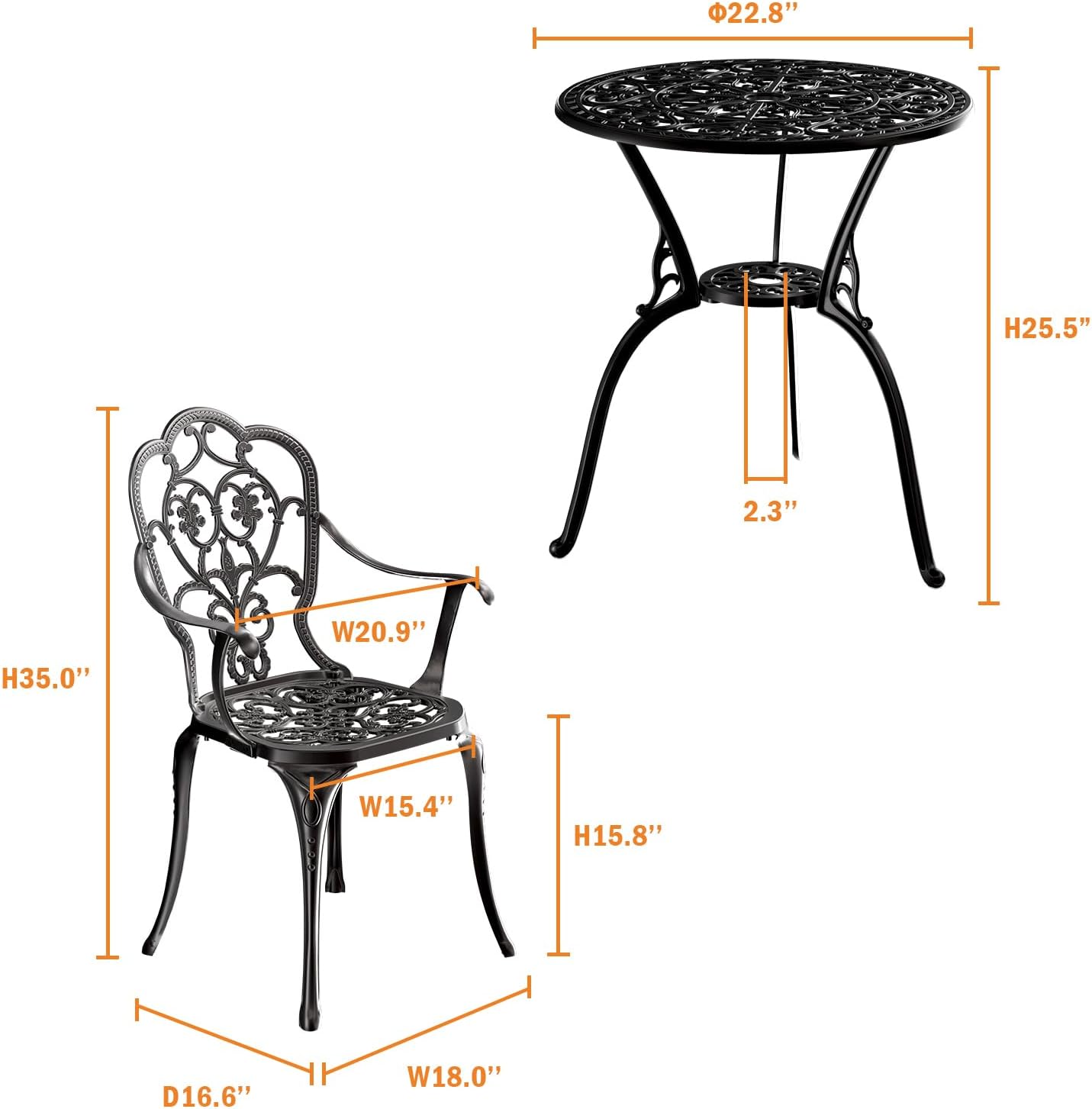 Patio Bistro Set of 2, Cast Aluminum, Outdoor Set w/Umbrella Hole, 3 Piece Table and Chairs Set, Bistro Set for Backyard/Garden/Lawn, Black