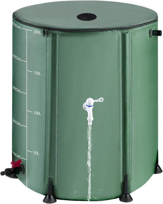 53 Gallon Collapsible Rain Barrel with Zipper Open and 12 Poles, 200L Protable Rainwater Collection System Kit with 1 Spigot and 2 Overflow, 1000D Oxford Rain Catcher Barrel for Outdoor Garden Camping