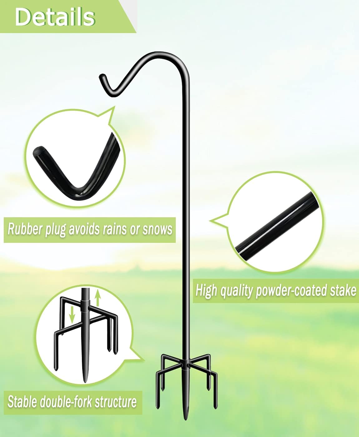 Garbuildman 60 Inch Tall Shepherd Hooks with 5-Forked Base, Adjustable Heavy Duty Bird Feeder Pole Stand Hanger for Outdoor, Shiny Black, 2 Pack