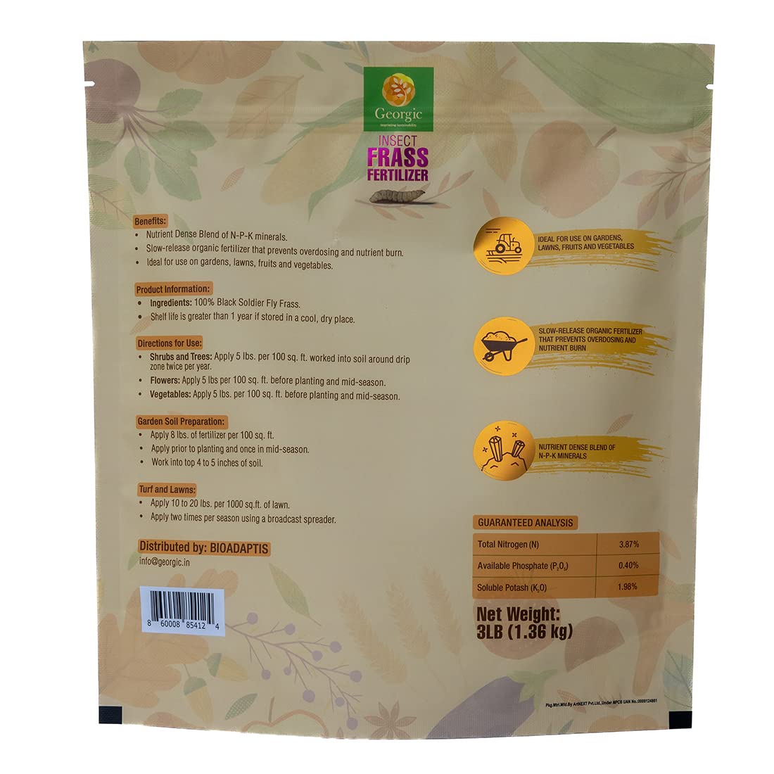 Insect Frass Fertilizer -100% Organic All-Purpose Plant Food & Soil Amendment, Natural Nutrients for Houseplants, Gardens & Lawns, 3 lb Bag