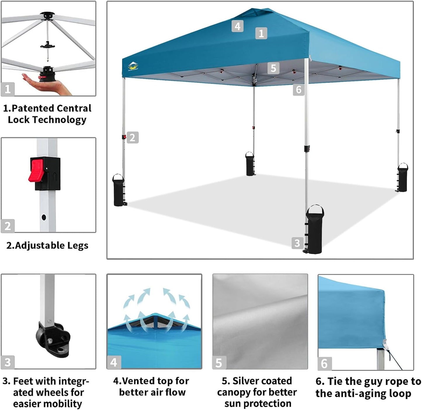 CROWN SHADES 10x10 Pop Up Canopy - Beach Tent with One Push Setup - Easy Outdoor Sun Shade for Events, Parties, Camping - Gazebo with STO-N-Go Cover Bag, Silver Coated Top, Cyan Blue