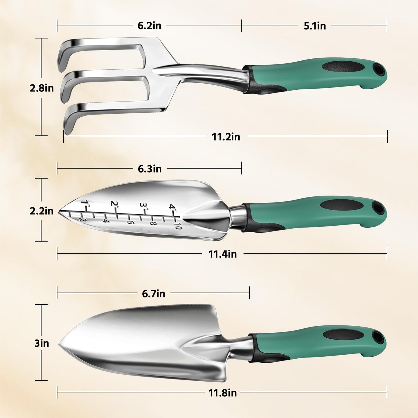 LASZOLA 3 Piece Garden Tool Set Include Hand Trowel Rake and Transplant Shovel for Women, Indoor Heavy Duty Small Spade Kit with Ergonomic Handle to Weed and Loosen, for Mom and Plant Beginner, Teal