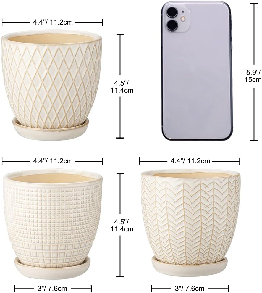 Oairse 4 inches Ceramic Planter Pots 3 Set of Small Round Flower Pots with Drainage Hole and Ceramic Tray for Succulents Cactus Indoor Outdoor Garden Home Windowsill