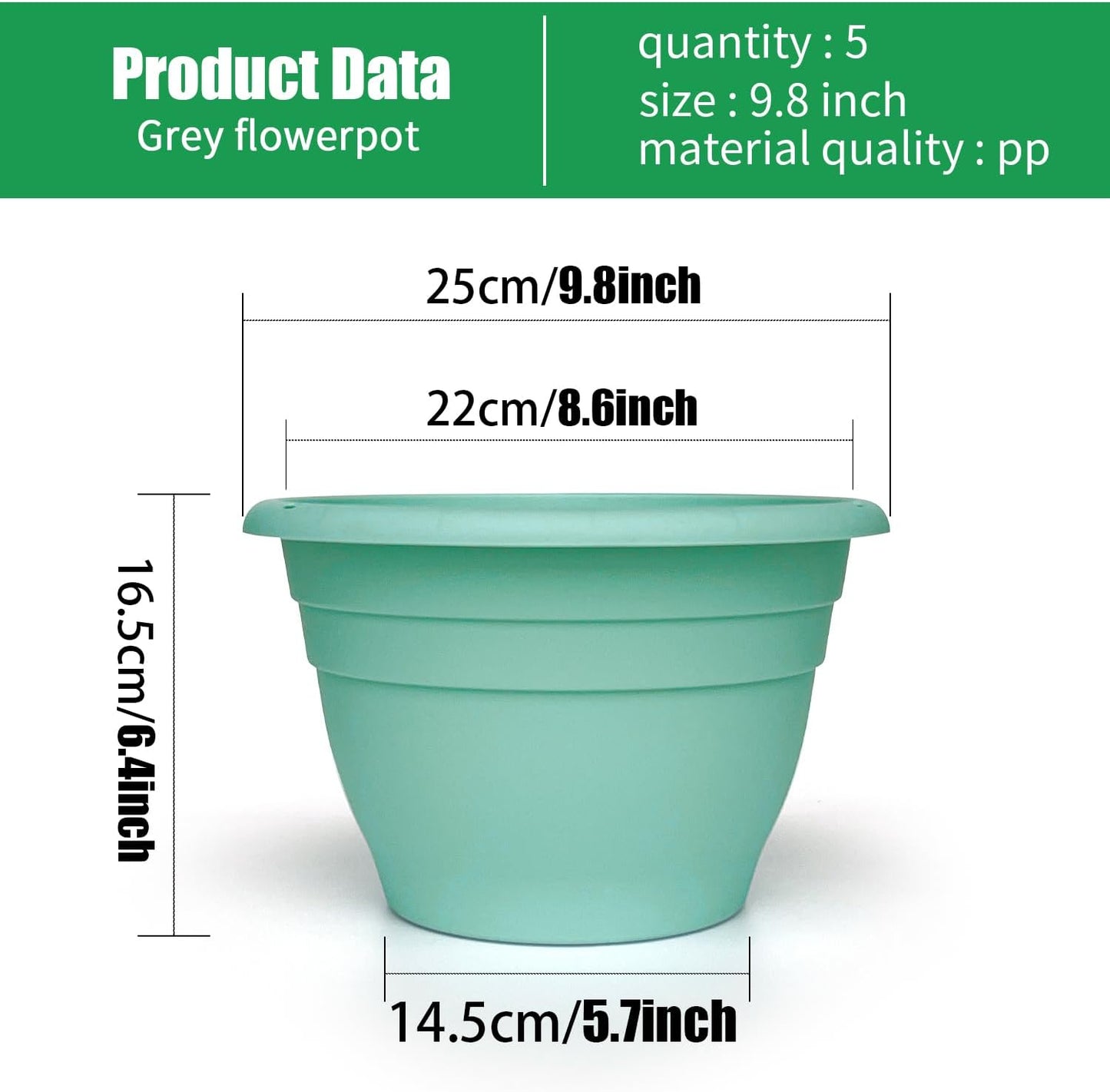 Plant Pots Set of 5, 10" Outside Diameter Flower Planter, 8.5" Inner Diameter Plant Planters with Drainage Hole, Durable Garden Pots Perfect for Indoor & Outdoor Plant Planting, Decor, Blue