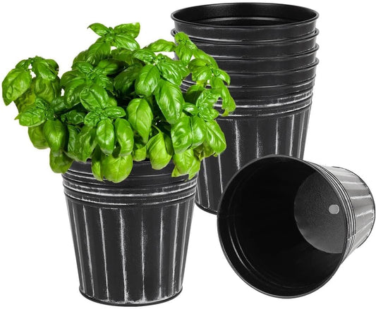 vensovo 6 Inch Black Metal Rustic Flower Pots - 6Pcs Galvanized Planters with Drainage Hole and Rubber Plug, Rustproof Metal Bucket Plant Pots Farmhouse Vintage Style for Decor