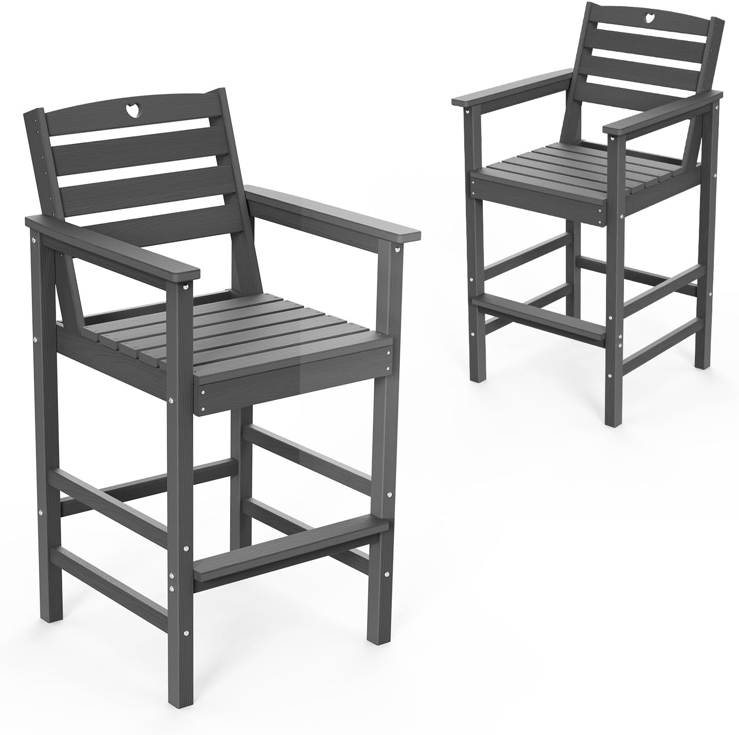 Tall Adirondack Chairs Set of 2, HDPE Wood Balcony Adirondack Chairs Set with Heart Cutout Design, Weather-Resistant Bar Height Furniture for Deck, Porch, Pool (Grey)