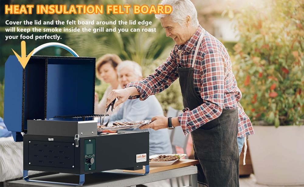 Onlyfire BBQ Wood Pellet Grill Smoker with Meat Probe, 2 Tiers Cooking Area, Portable Tabletop Grilling Stove for Outdoor Kitchen Cooking Smoke and Roast, RV Camping, Black GS314