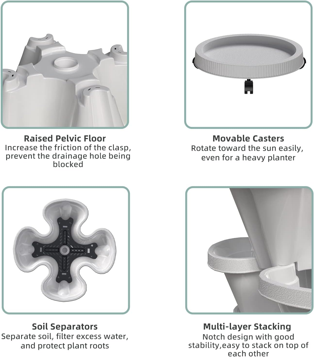 Strawberry Vertical Planters, 3 Tiered Stacking Tower Garden, Stackable Herb Vegetable Planters with Movable Casters and Bottom Saucer Indoor and Outdoor - White