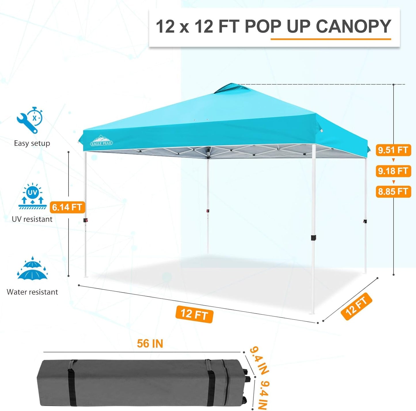 EAGLE PEAK Pop Up Canopy Tent with Wheeled Carry Bag, 8 Stakes, 4 Ropes, 4 Weight Bags, Easy Set Up Tent Canopy, 12x12 ft, 144sqft of Shade, Light Blue