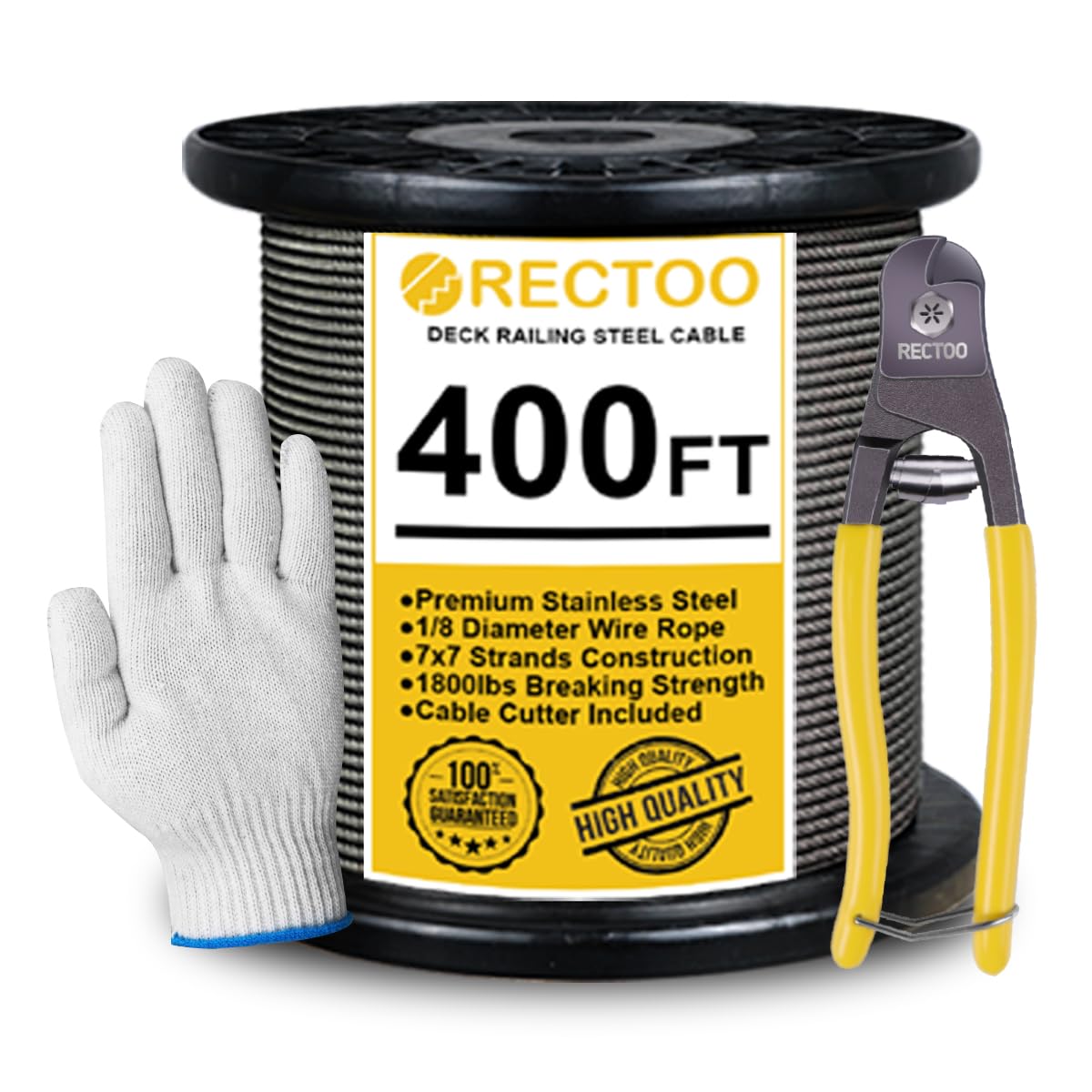 Black 400FT 1/8" T316 Stainless Steel Cable with Cutter, 7x7 Strands Aircraft Wire Rope for Deck Railing, Stair Handrail, Porch Fence, High Strength for Indoor and Outdoor Use