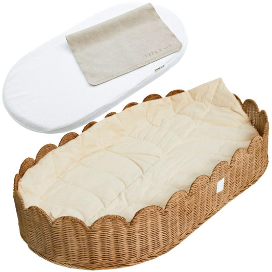 BEBE BASK Premium Baby Changing Basket - Artisan-Crafted Scalloped Rattan - Changing Basket for Baby Dresser - All Accessories Included - Complete Set for Nursery (Mocca)