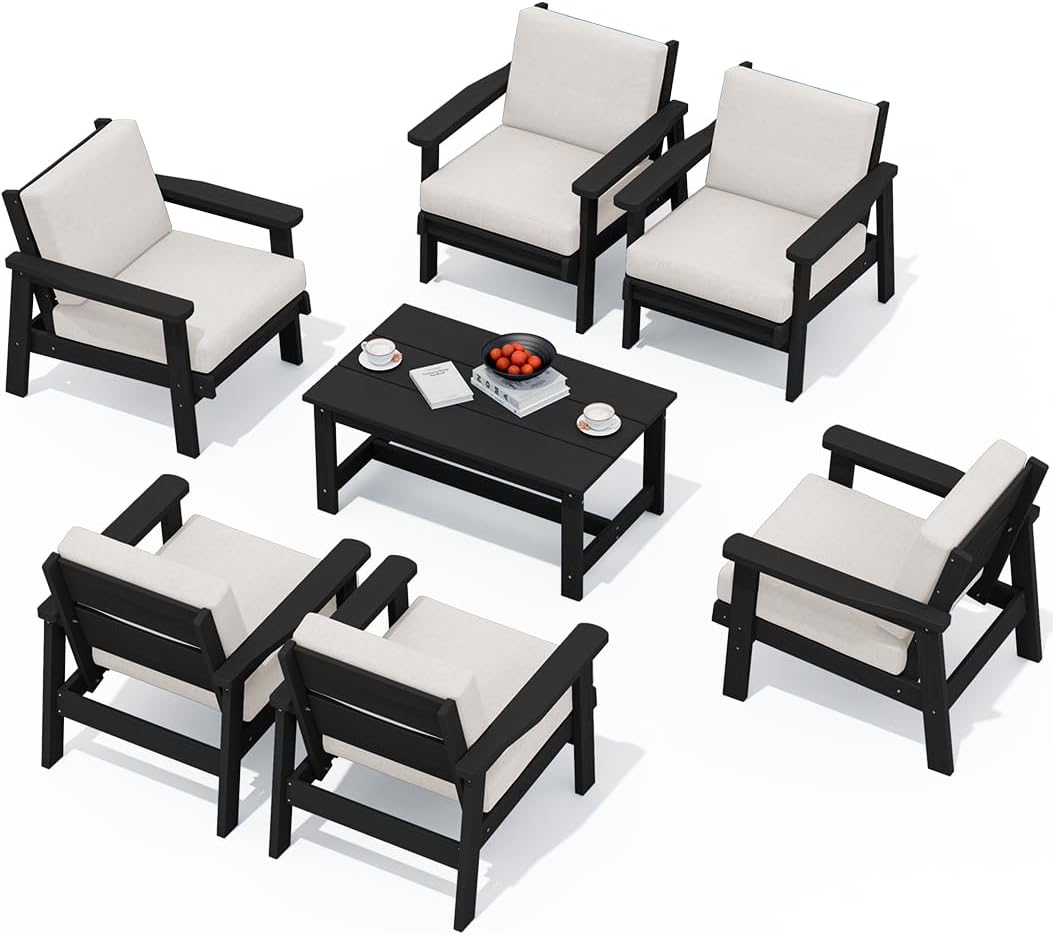 SERWALL Patio Conversation Sets, 7 Piece, Black Frame with Khaki Cushions
