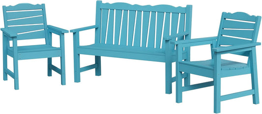 Patio Chairs Set, Weatherproof HIPS Outdoor Furniture, Include 2 Patio Dining Chairs + Outdoor Bench, Suit for Garden, Porch, Lawn & Backyard (Lake Blue)