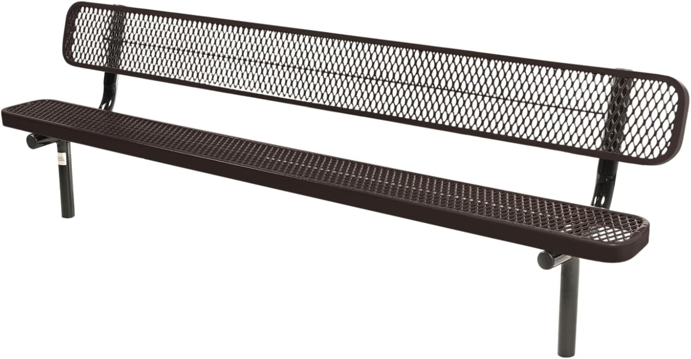 Coated Outdoor Furniture Heavy-Duty Outdoor Bench Thermoplastic Coated, Expanded Metal, Commercial-Grade Seating, Made in America (Inground with Back, 8 Ft, Brown)