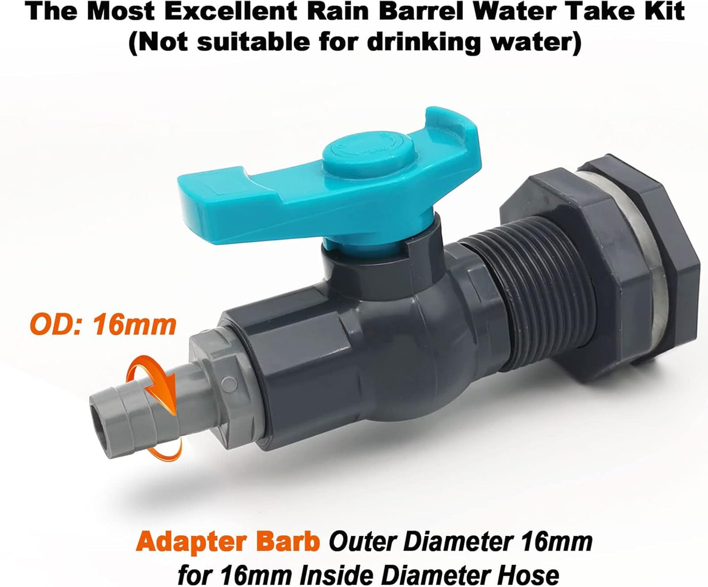 Rain Barrel Spigot PVC Faucet Kit Water Barrel Diverter Kit with Bulkhead Fitting,Ball Valve,Garden Hose Barb(16mm) Adapter,Pipe Clamps,Thread Seal Tape(kit for 16mm ID Hose)