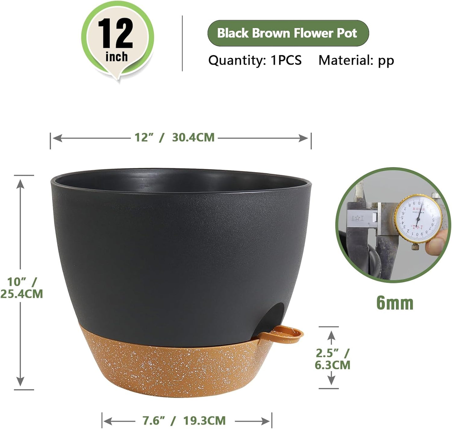 12 inch Large Self Watering Pots, Plant Pots with Mesh Drainage Holes for Indoor Outdoor Plants, Plastic Planters with Deep Reservoir for Garden House Flower Plants, Black with Brown