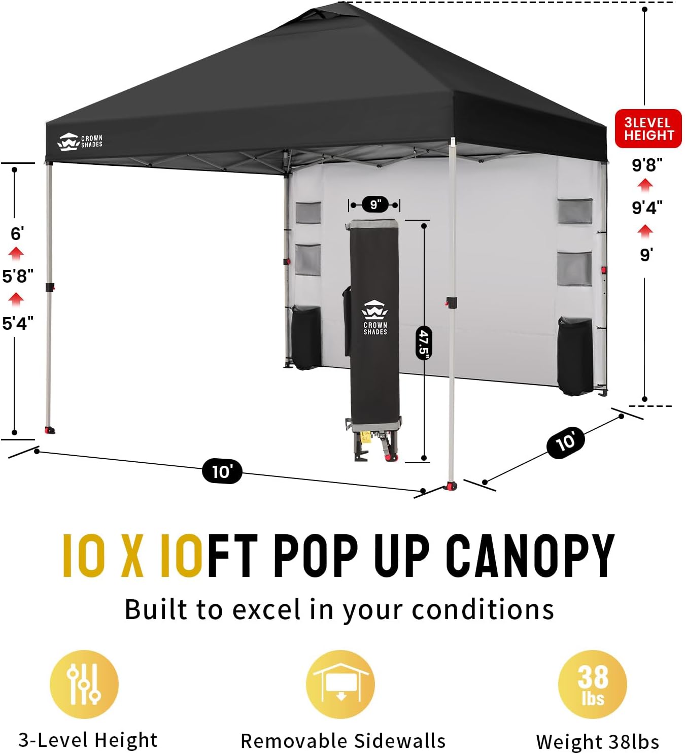 CROWN SHADES Canopy Tent, 10 x 10 Foot Portable Pop Up Outdoor Shelter with Pocket Sidewall, Push Center Lock, UV Protection, and Carry Bag, Black
