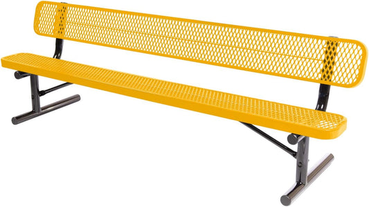 Heavy-Duty Portable Outdoor Bench Thermoplastic Coated, Expanded Metal, Commercial-Grade Seating, Made in America (Portable with Back, 8 Ft, Textured Yellow)