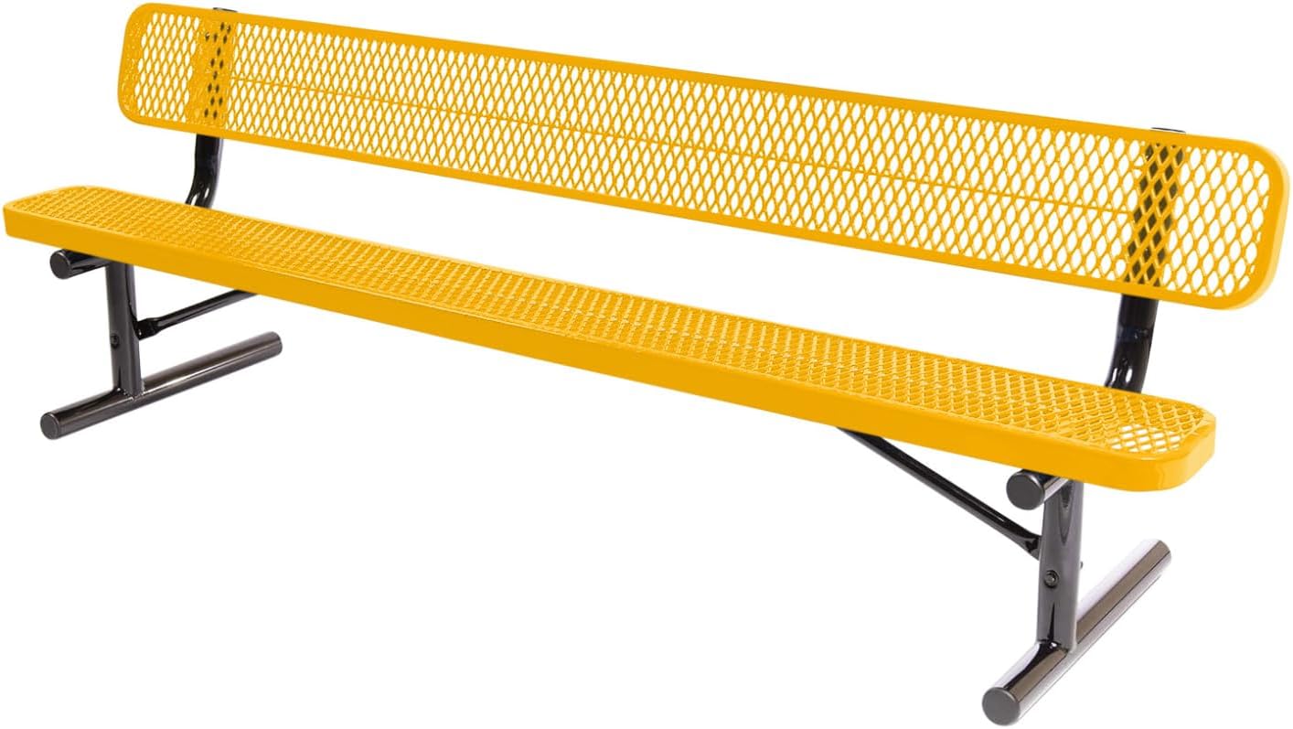 Coated Outdoor Furniture Heavy-Duty Portable Outdoor Bench Thermoplastic Coated, Expanded Metal, Commercial-Grade Seating, Made in America (Portable with Back, 8 Ft, Yellow)