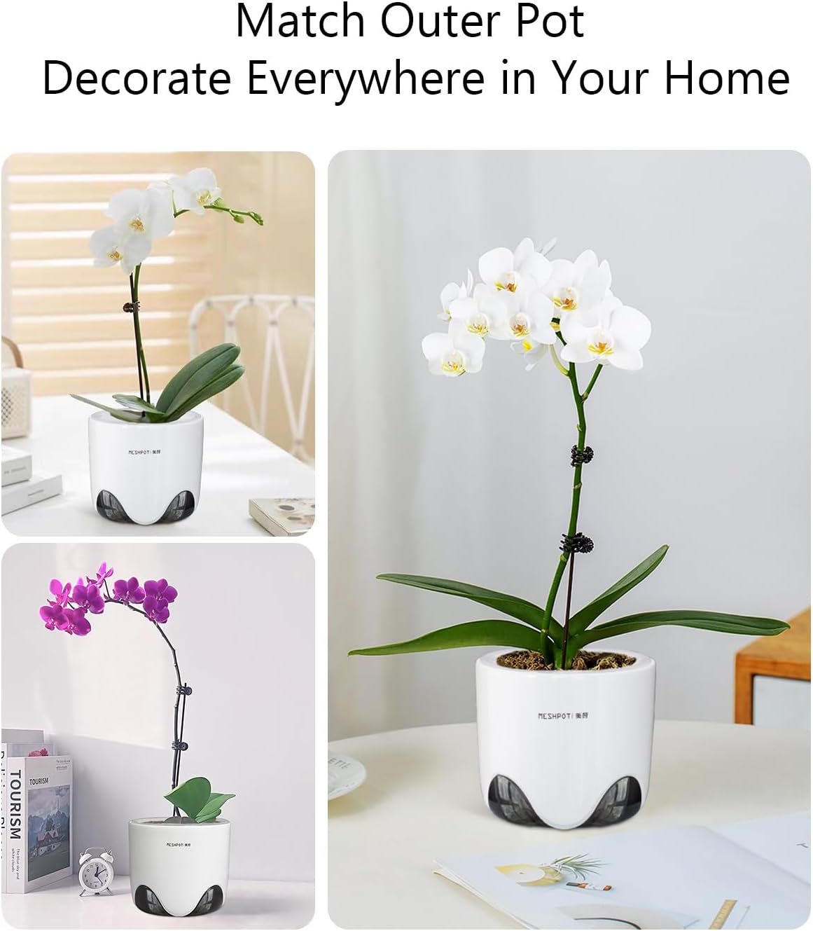 4 inch Orchid Pots with Holes, Set of 2, Double Layer Plastic Imitate Ceramic Planters for Good Air Circulation